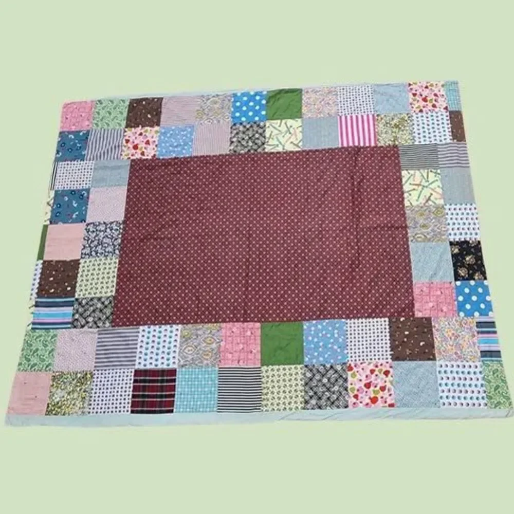 Vintage Hand-Stitched Patchwork Scrap Quilt Colorful Blanket w/ Decorative Blue